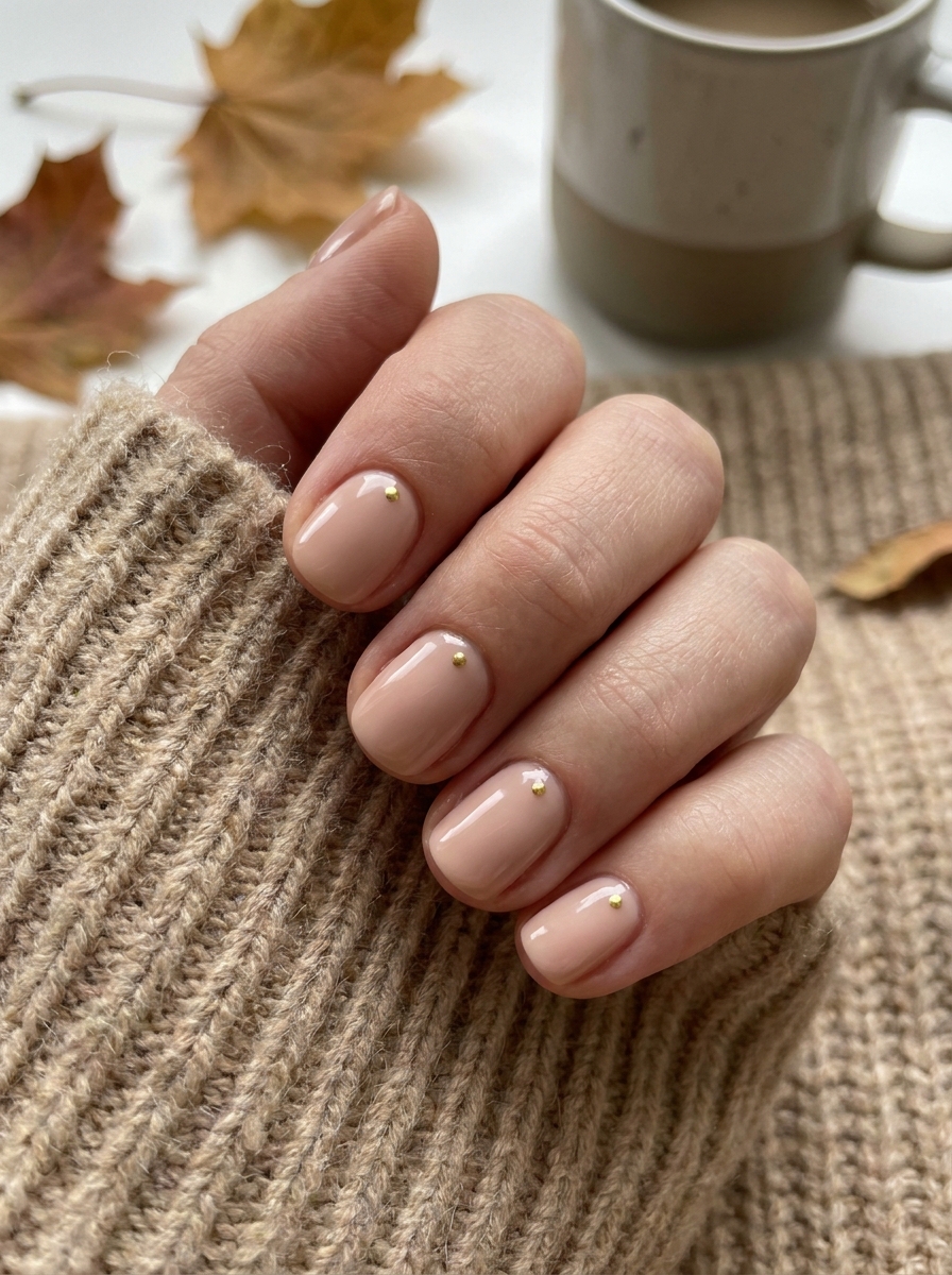 Nude Nails with Tiny Gold Dot auf kurzen gepflegten Nägeln im Herbst 2026